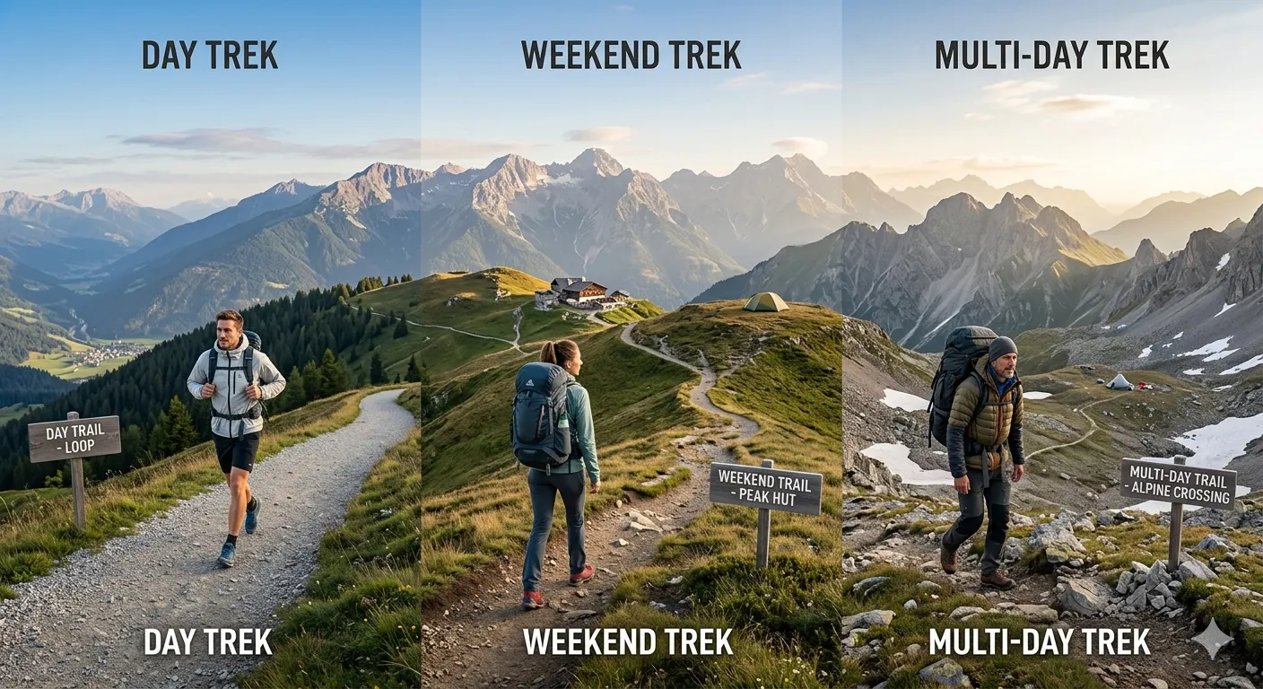 Three trekkers on trails of different lengths showing day, weekend, and multi-day treks