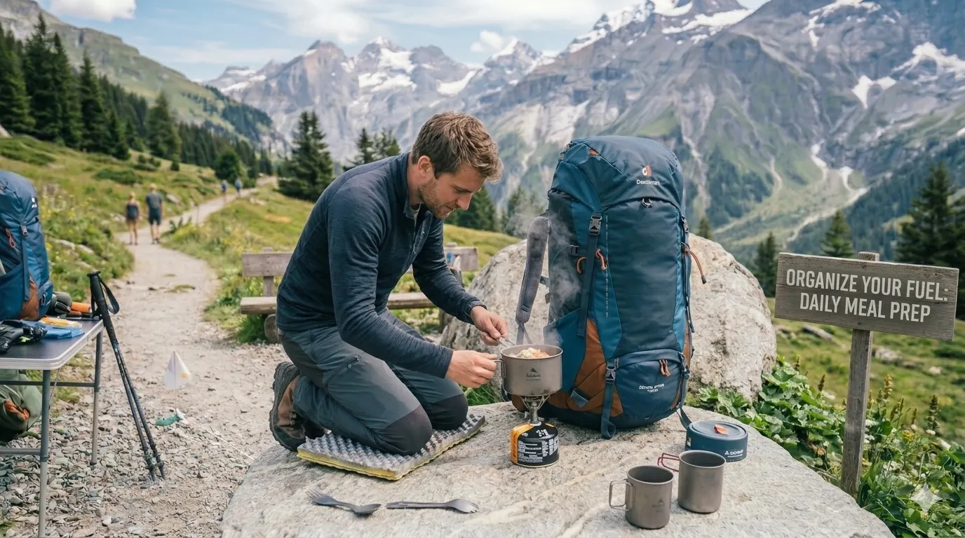 Trekker cooking freeze-dried trekking food on a portable backpacking stove at campsite