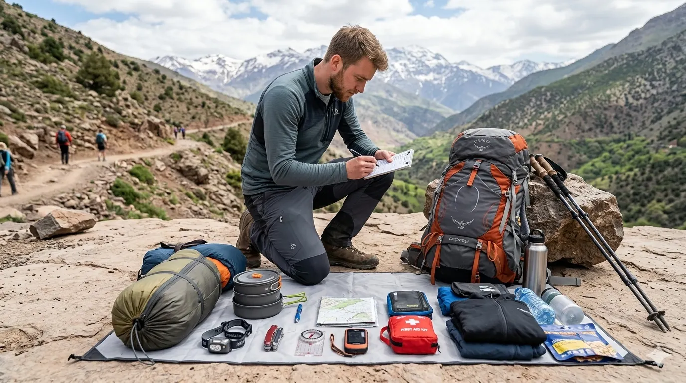 Ultimate Trekking Packing Checklist for Multi-Day Hikes (2026 Guide) 6 Trekker doing final gear check before departure with checklist and organized equipment