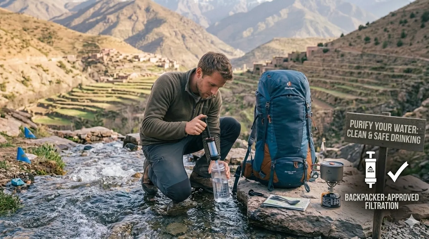 Water Purification for Trekking: Methods, Tips and Best Practices 1 Trekker filtering water from a mountain stream using a portable water filter into a bottle during a multi-day trek