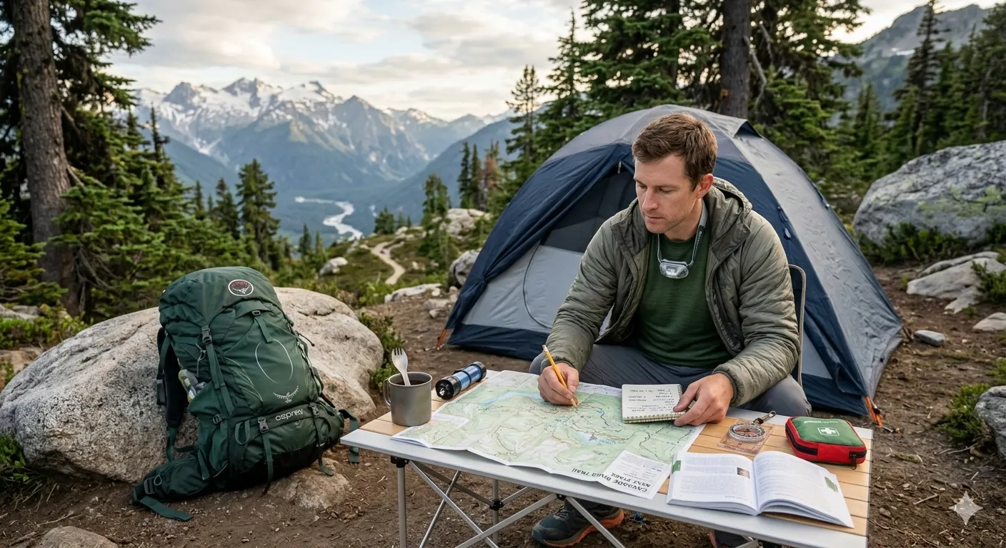 Trekker reviewing map and daily schedule at campsite planning next day route
