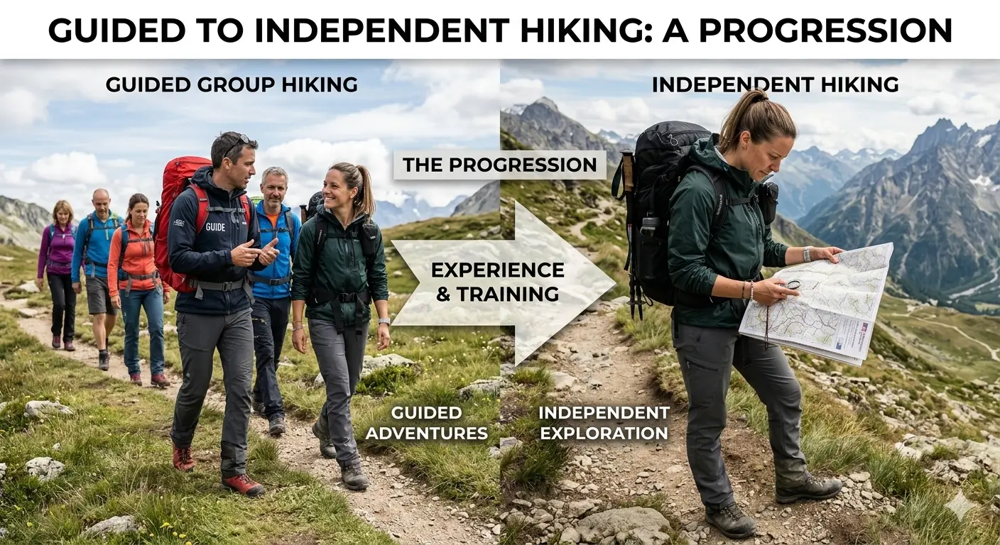Guided vs Solo Trekking: Which Is Right for You? 10 Trekker progressing from guided group trek to independent solo hiking on mountain trail