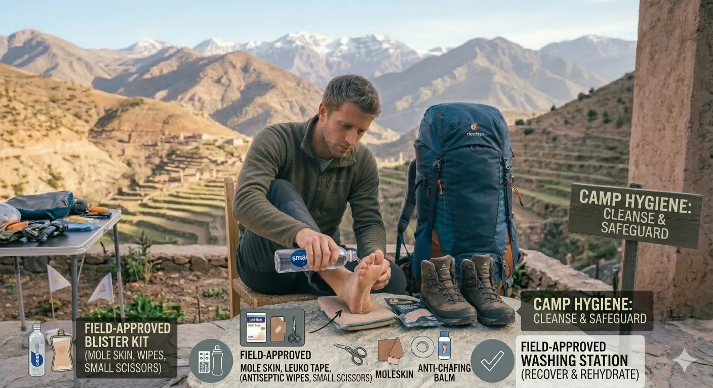 Foot Care for Trekking: Prevent Blisters & Pain 4 Trekker washing and inspecting feet at camp with first aid supplies nearby