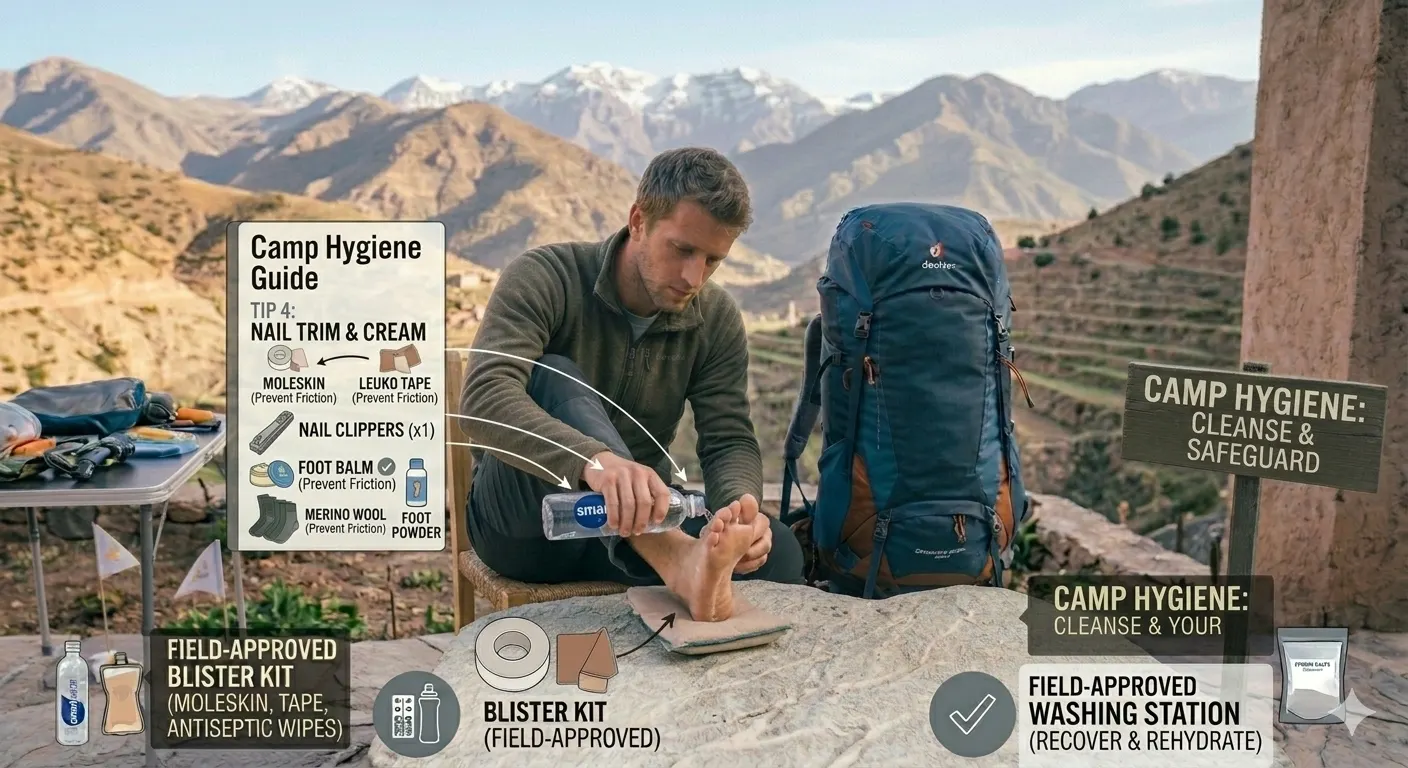 How to Prevent Blisters While Trekking 11 Trekker washing and inspecting feet at campsite after a long day of trekking