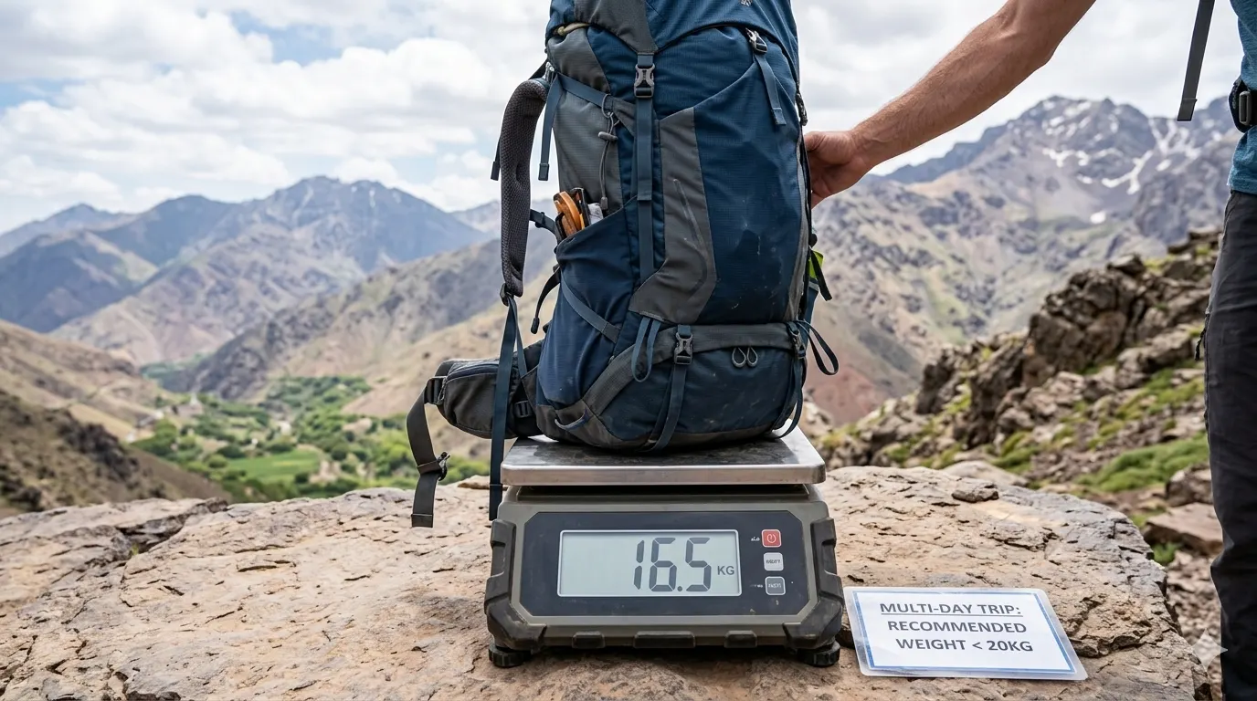 Ultimate Trekking Packing Checklist for Multi-Day Hikes (2026 Guide) 5 Trekking backpack on scale showing proper weight measurement for multi-day trip