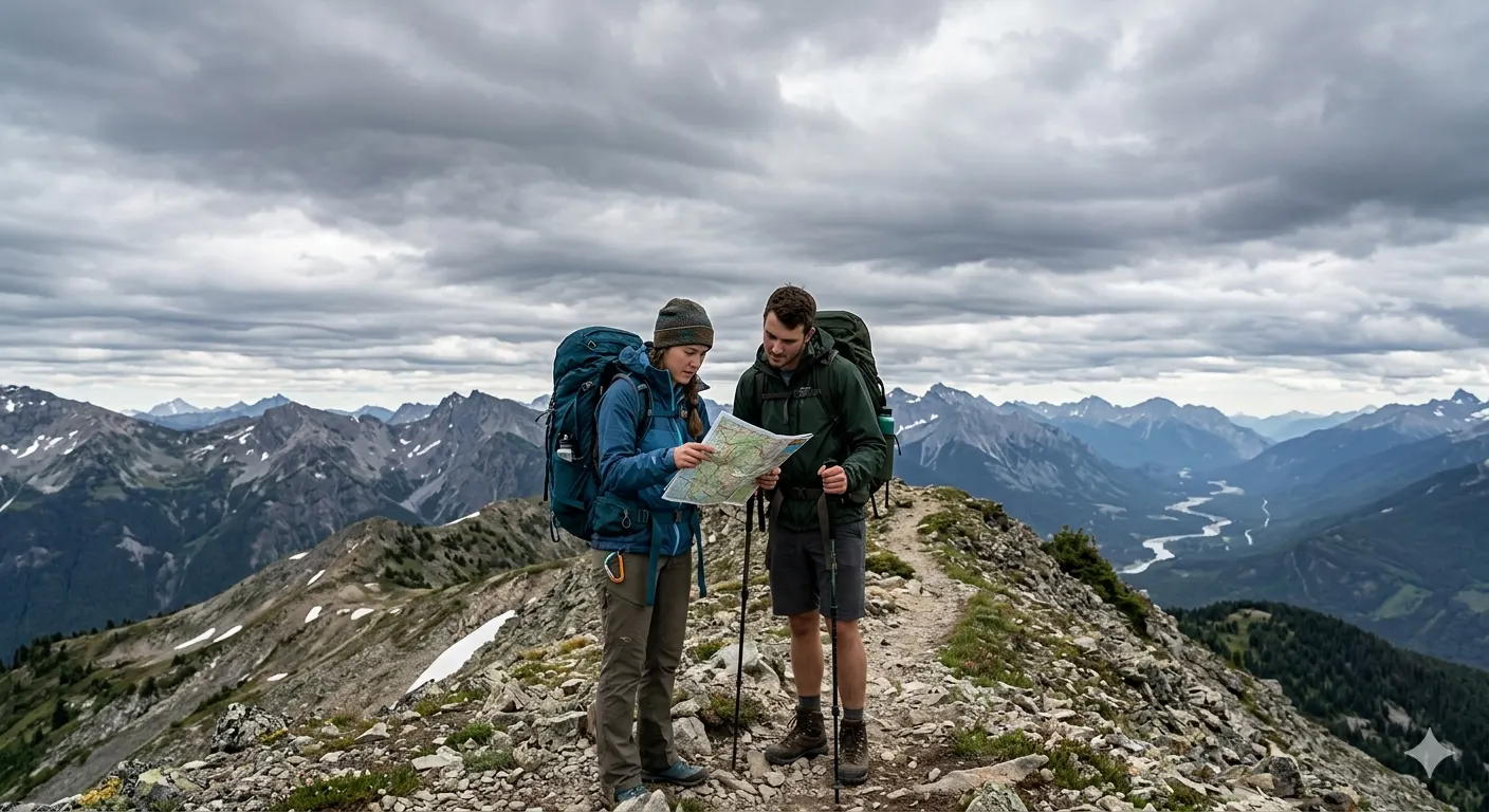 Two trekkers checking a trail map on a mountain ridge with cloudy skies