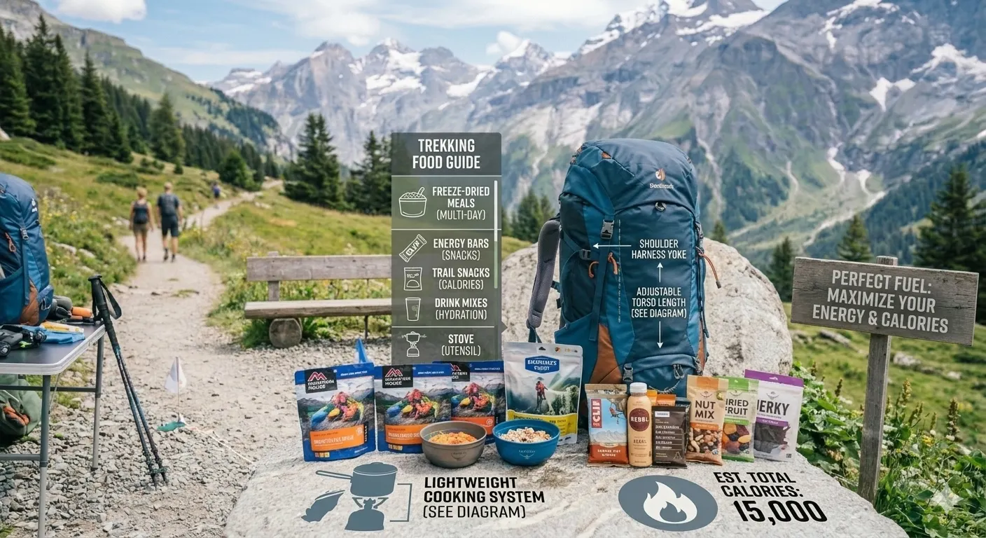 Variety of trekking food items laid out including freeze-dried meals, energy bars, and trail snacks for multi-day hiking