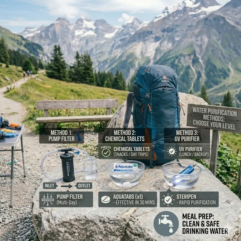 Water Purification for Trekking: Methods, Tips and Best Practices 2 Various water purification methods for trekking including pump filter, chemical tablets, and UV purifier displayed side by side