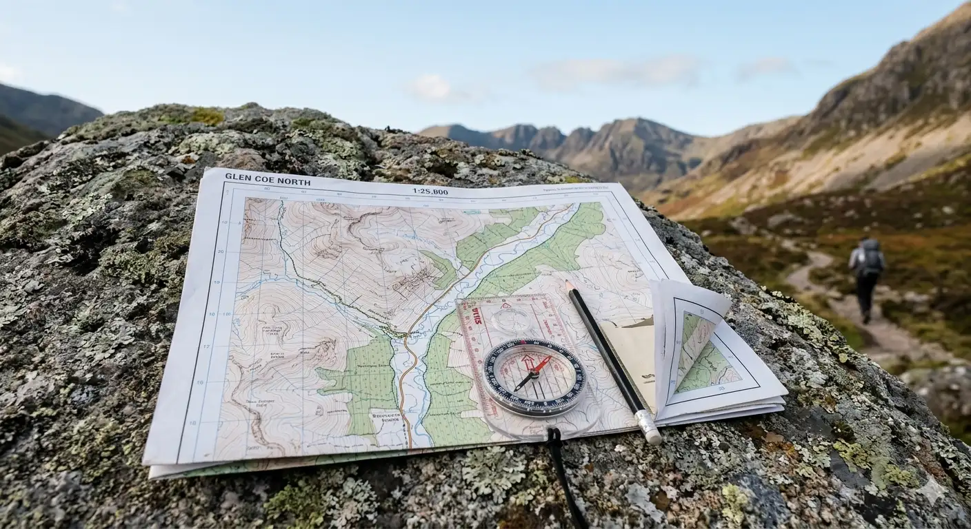 GPS vs Map And Compass: Which to Use | Hiking & Trekking Guide 5 A detailed topographic map spread open on a rock with a baseplate compass placed on top of it