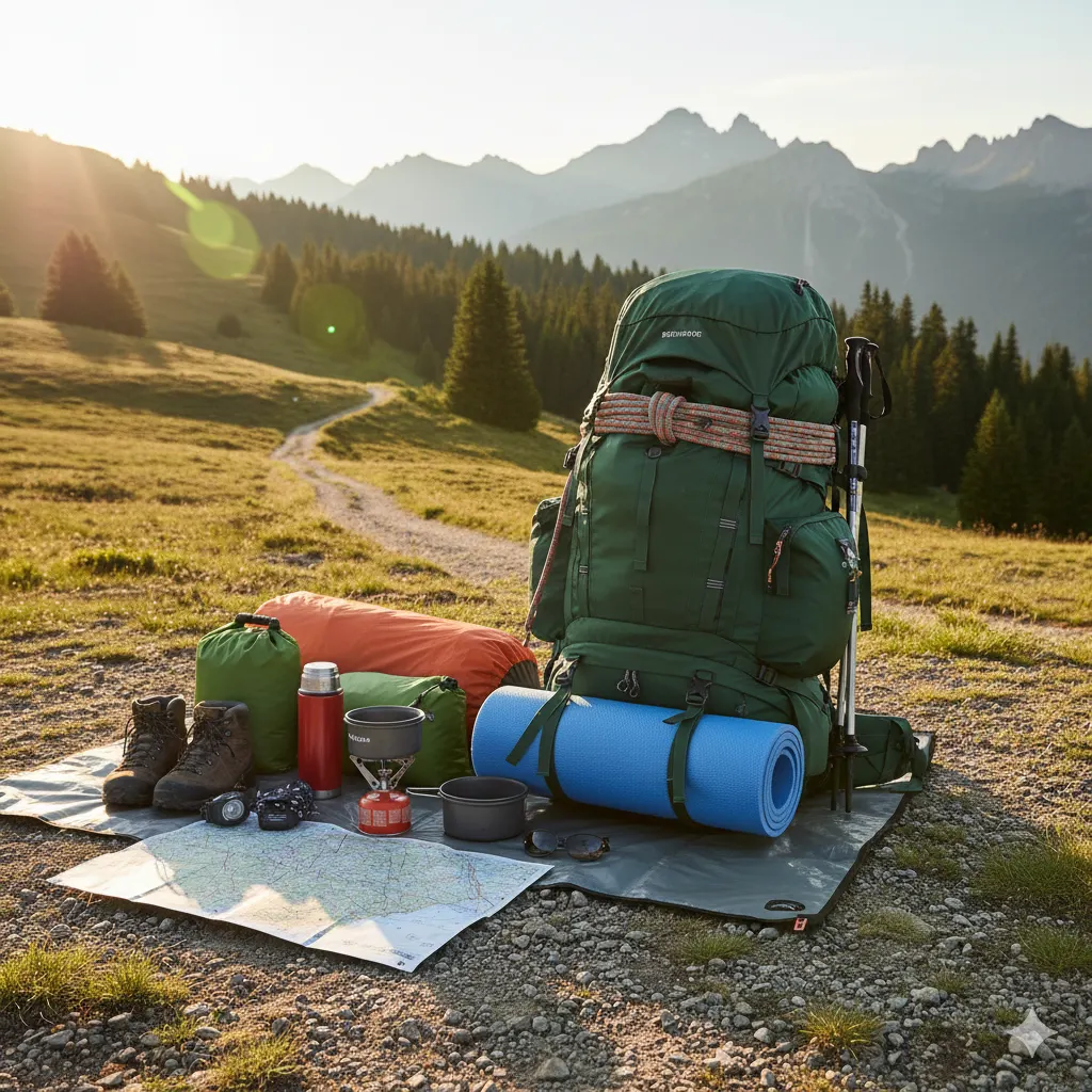 Day Pack vs Trekking Backpack 3 A fully packed trekking backpack with camping and hiking gear beside it