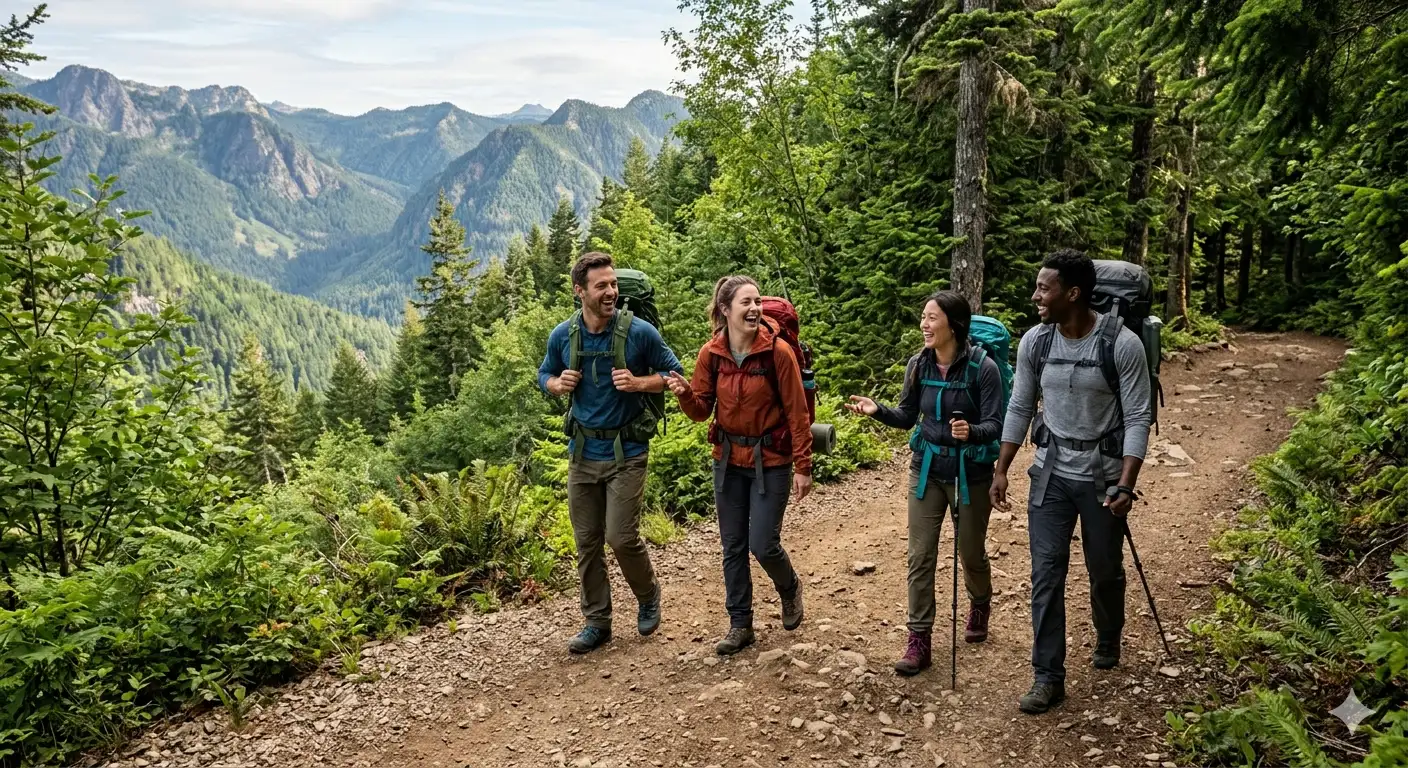 Solo Hiking vs Group Hiking 6 A group of hikers laughing and walking together on a wide forest trail