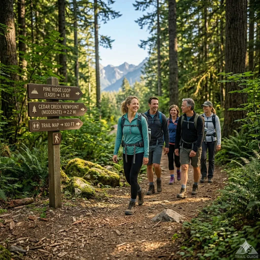 A group of hikers walking together on a forest trail