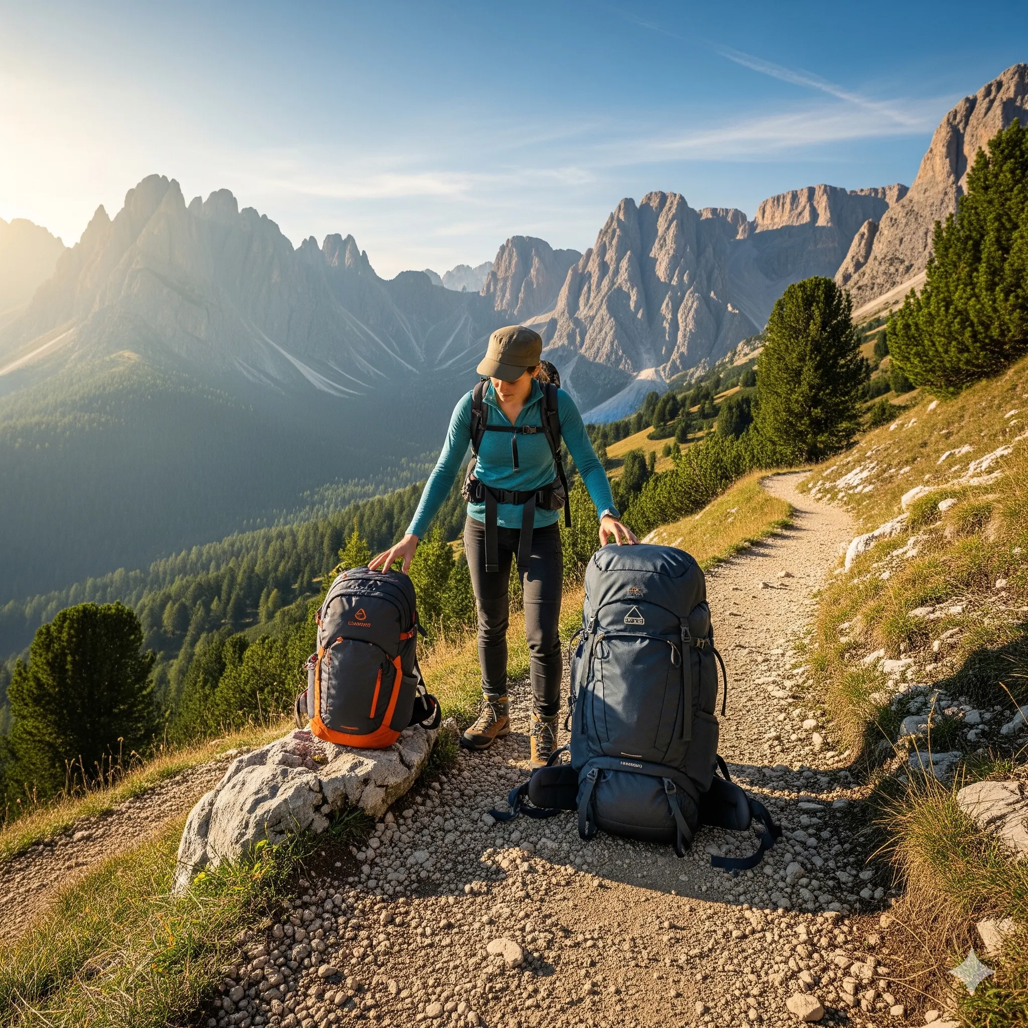 Day Pack vs Trekking Backpack 1 A hiker comparing a small day pack and a large trekking backpack on a mountain trail