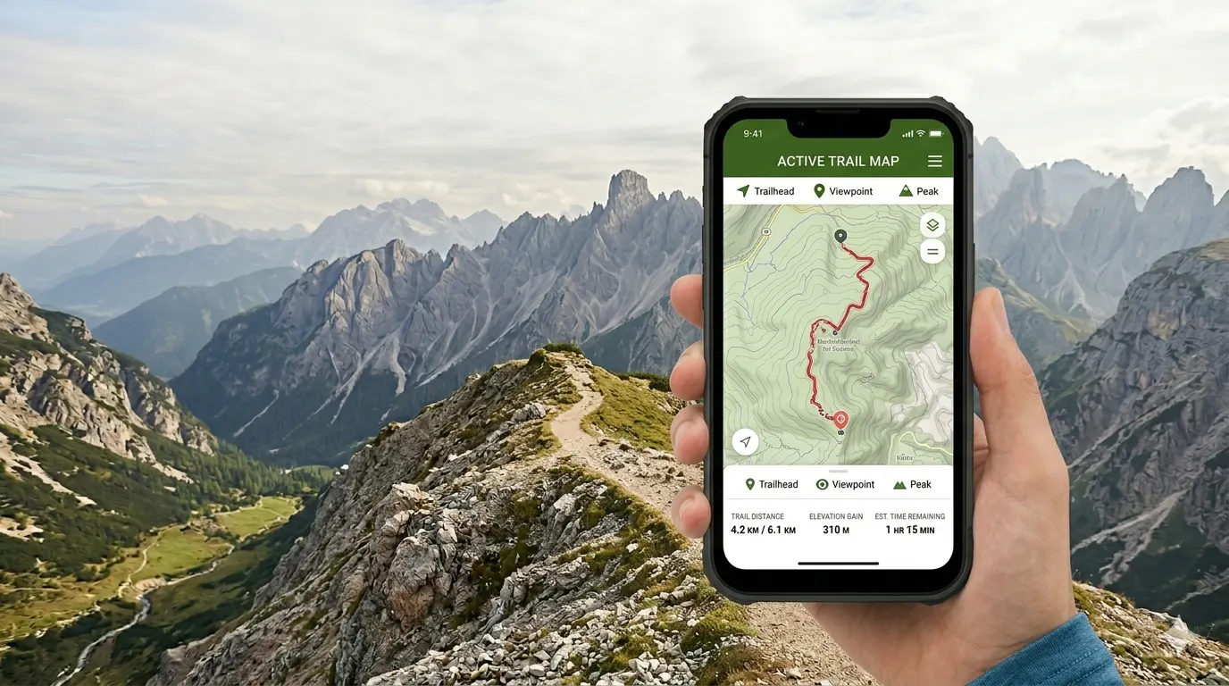 A hiker holding a smartphone showing a trail map on a hiking app