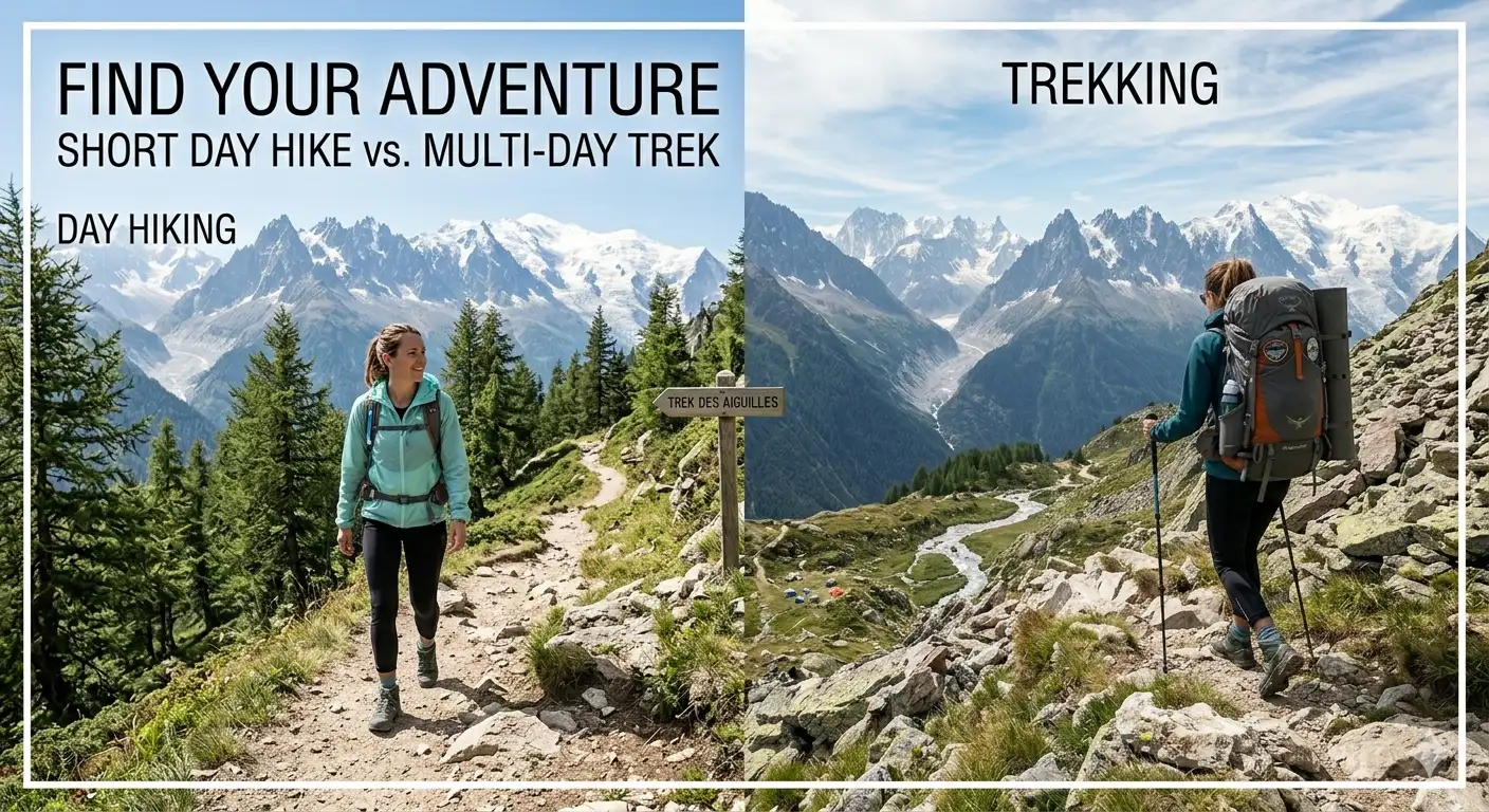 A hiker on a short trail compared to a trekker on a multi-day mountain journey