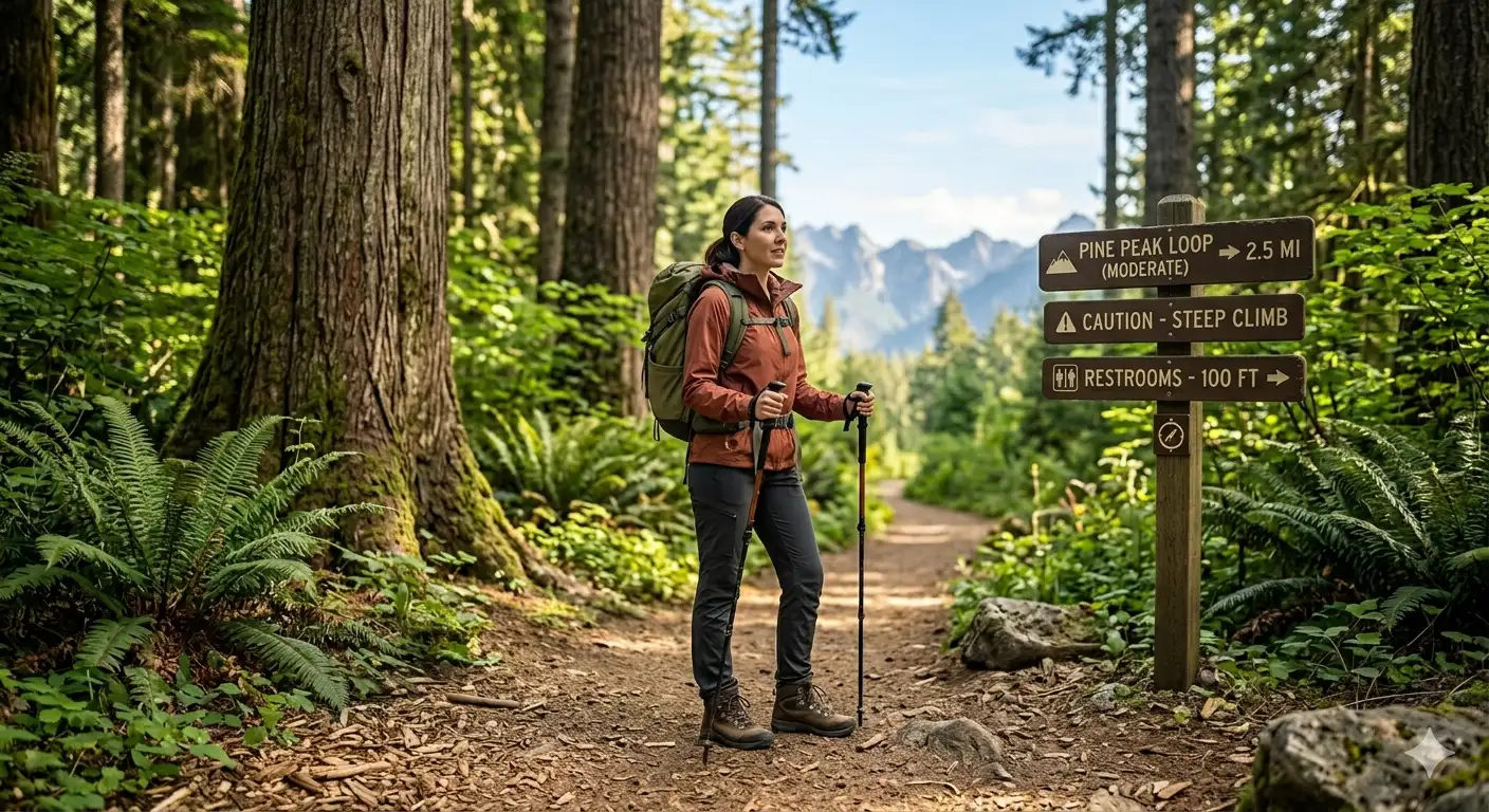 A hiker standing at the start of a mountain trail surrounded by green forest