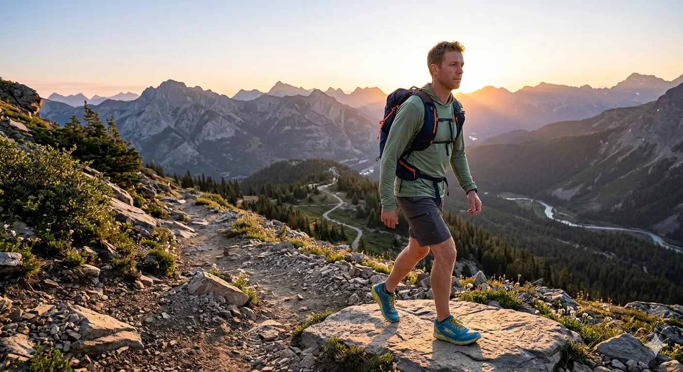 A hiker wearing a lightweight pack and trail runners walking on a rocky mountain trail at sunrise