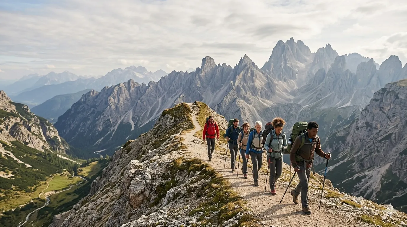 A small guided trekking group walking along a mountain ridge