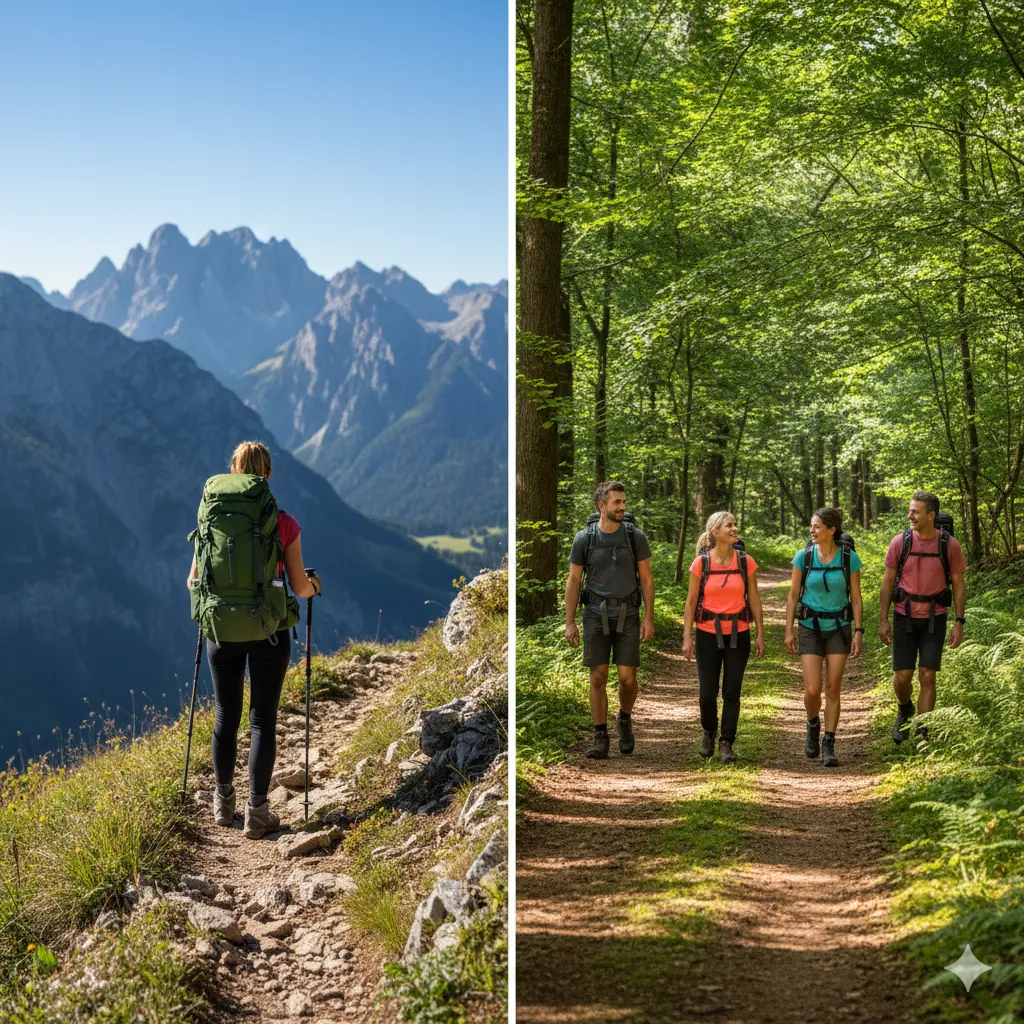 Solo Hiking vs Group Hiking 4 A solo hiker on a mountain trail compared to a group of hikers walking together in a forest