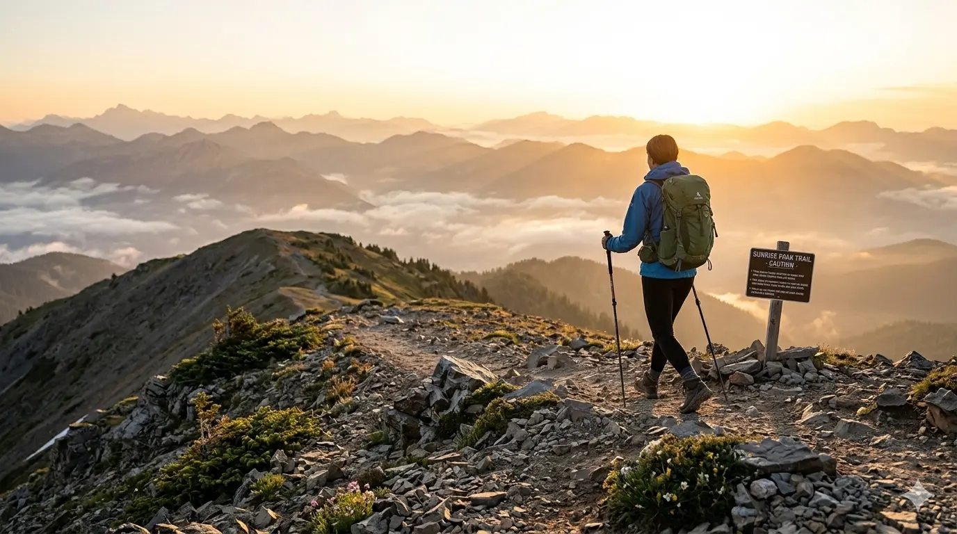 A solo hiker walking along a mountain trail at sunrise