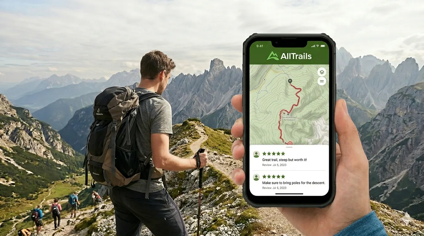 AllTrails app showing trail map and user reviews on a smartphone screen