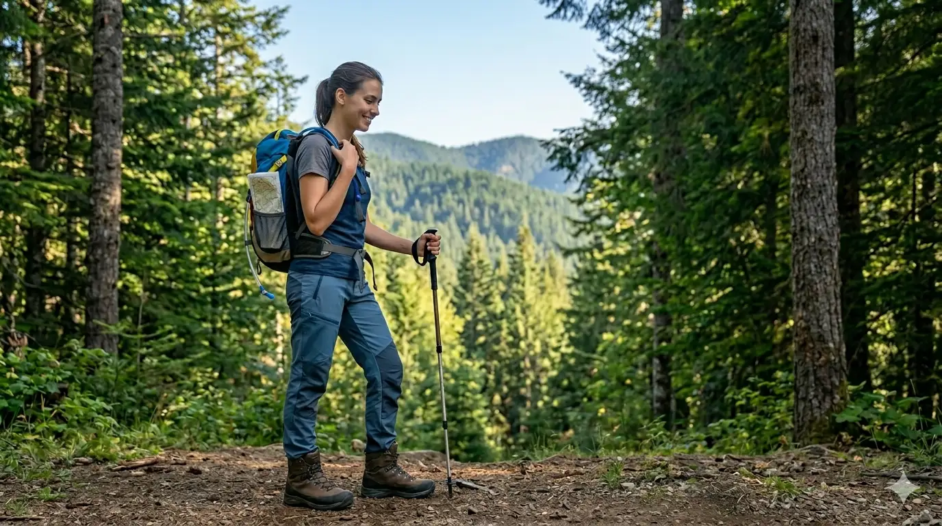 Beginner hiker standing at the start of a forest trail with a backpack