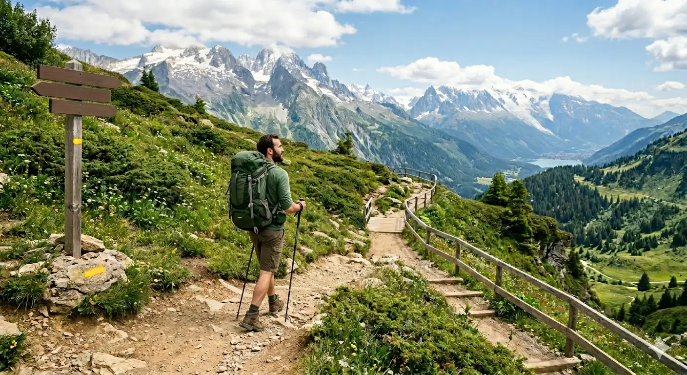 Beginner trekker walking on a mountain trail with a backpack