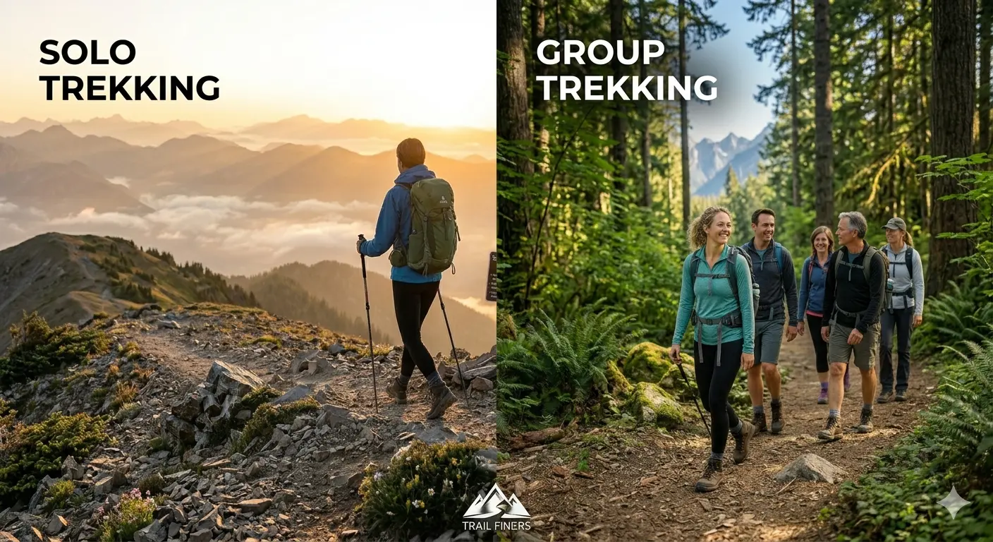 Comparison of solo hiker on mountain vs group of trekkers on trail