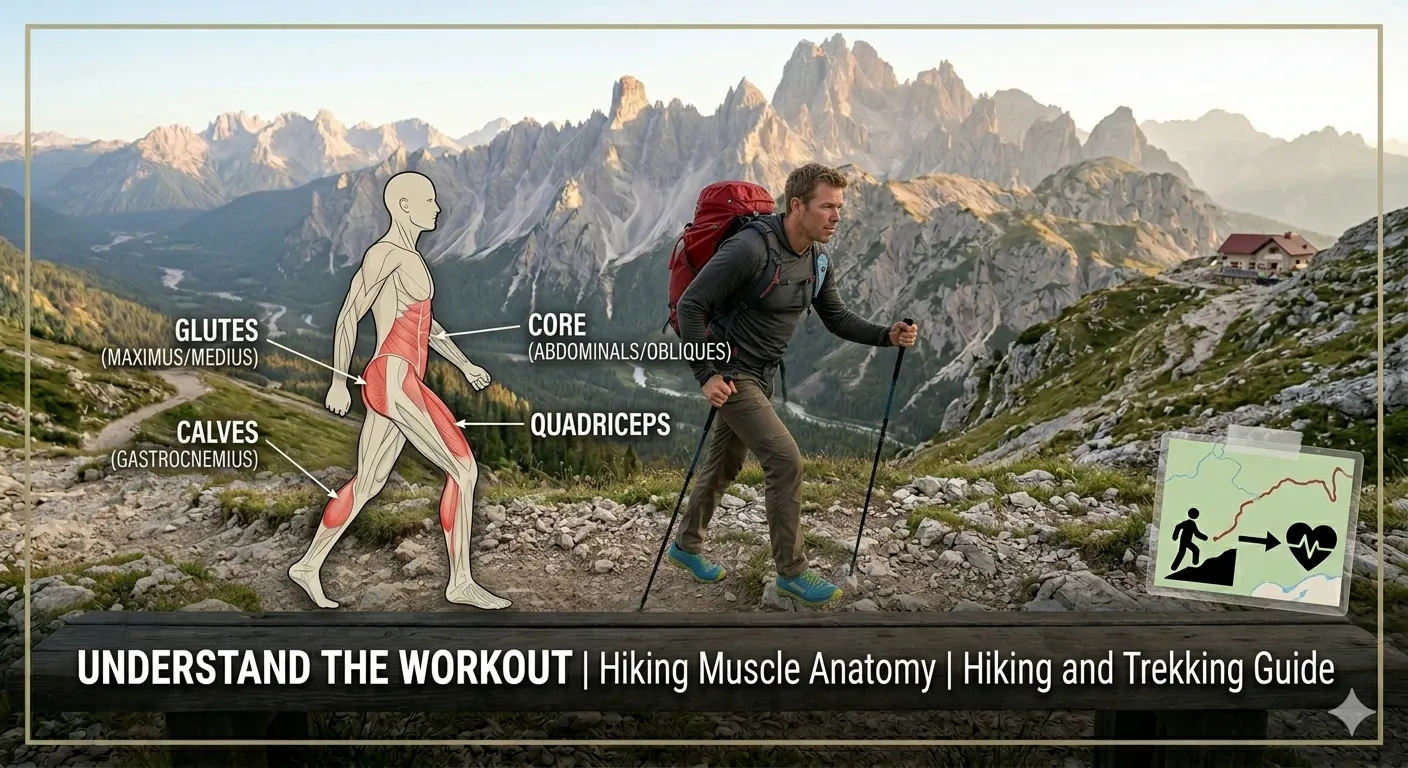 Diagram showing the muscles worked during hiking including glutes, calves, and core
