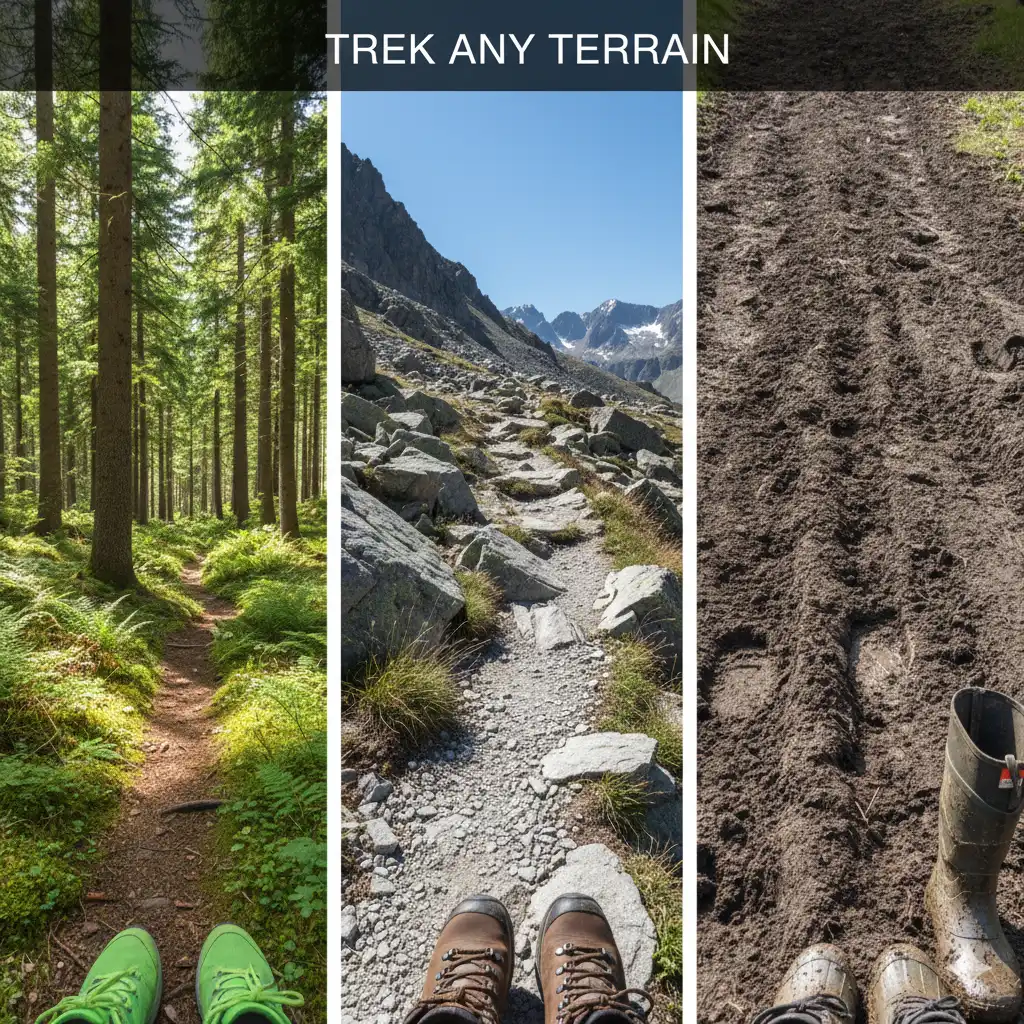How to Choose the Right Boots for Your Terrain 2 Different hiking terrains including forest path, rocky trail, and muddy slope