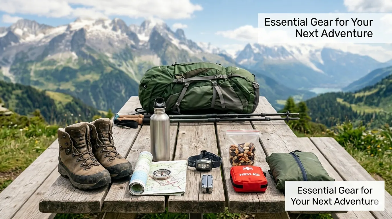 Essential hiking gear laid out including boots, backpack, and water bottle