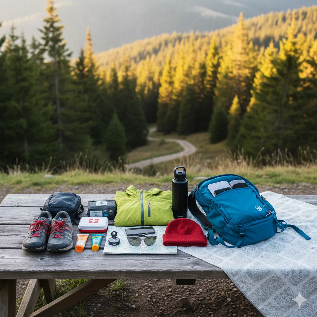 Day Pack vs Trekking Backpack 2 Essential items laid out next to a small day pack before a hike