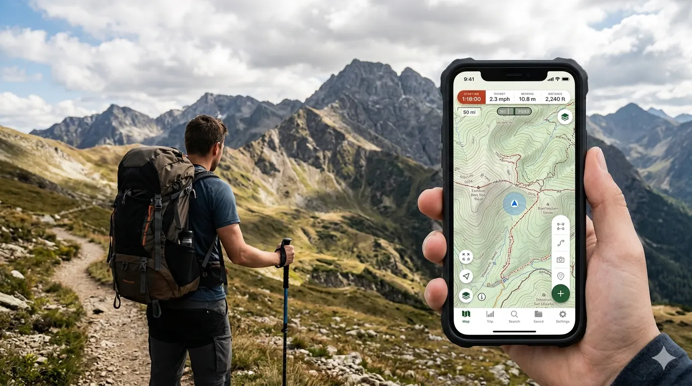 Gaia GPS app displaying a detailed topographic trail map on a phone