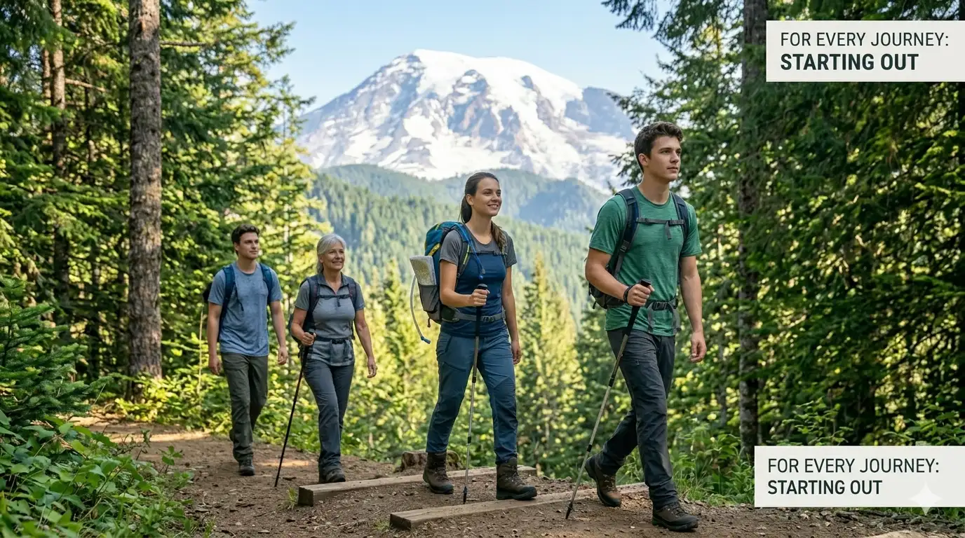Group of beginner hikers walking along a scenic nature trail