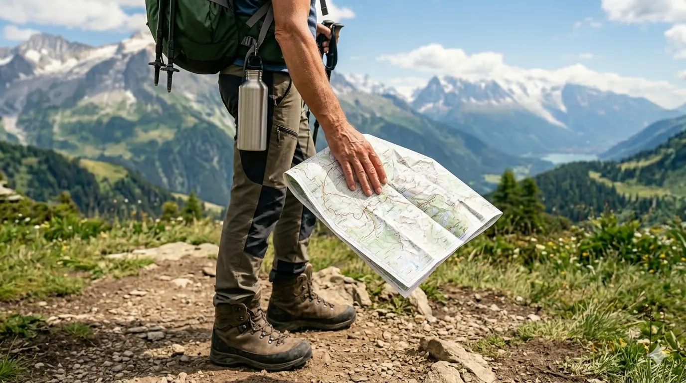 Hiker checking a trail map on a mountain path during a sunny day