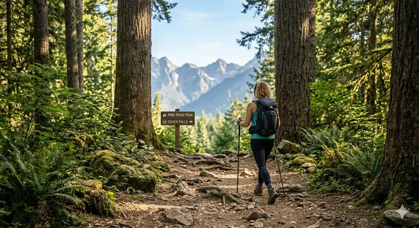 Hiker on a forest mountain trail with tall trees and rocky path