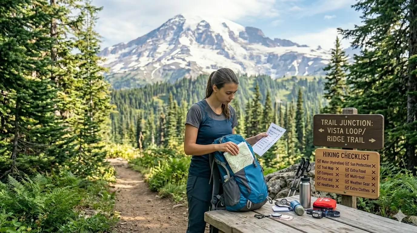Hiker packing a backpack using a hiking checklist before a trail