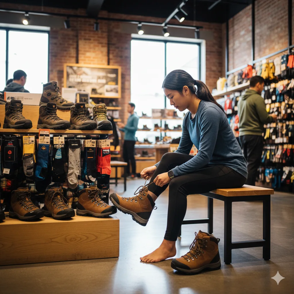 How to Choose the Right Boots for Your Terrain 3 Hiker trying on hiking boots in an outdoor gear store