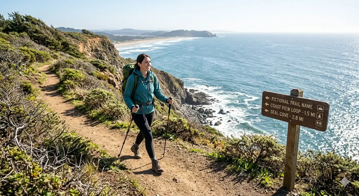Hiker walking along a scenic coastal trail with ocean views