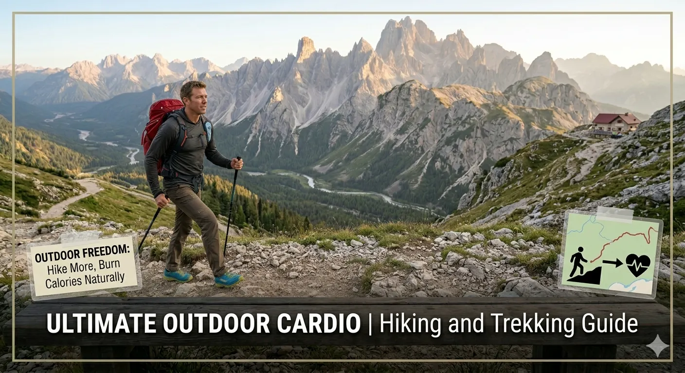 Hiker walking uphill on a rocky trail with a backpack, burning calories outdoors