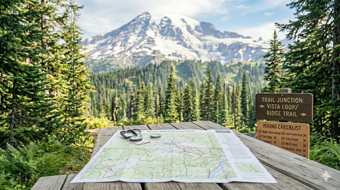 Hiking trail map and compass laid out on a wooden surface for trail navigation