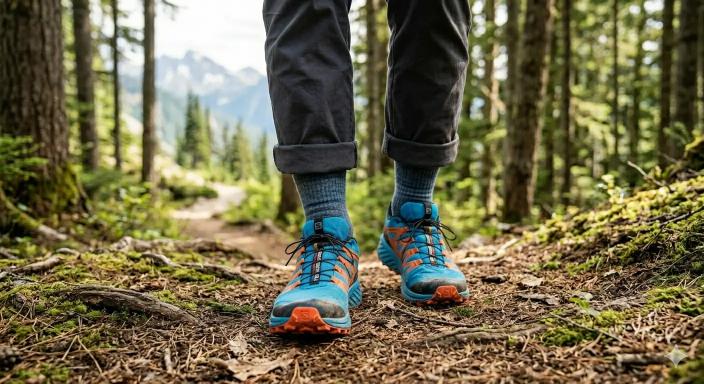 Hiking Shoes vs Trail Running Shoes 6 Lightweight trail running shoes on a forest path
