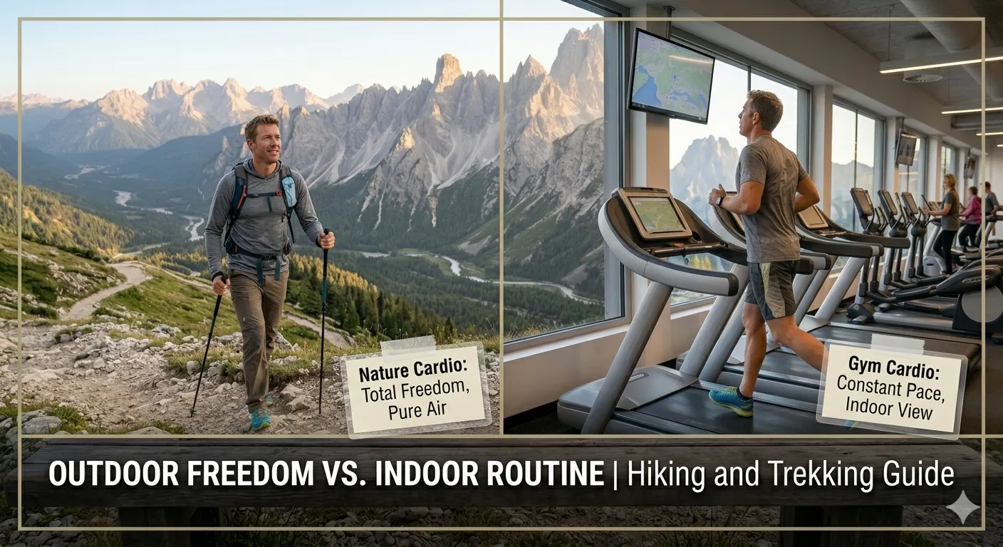 Person hiking on a mountain trail compared to someone on a treadmill at the gym