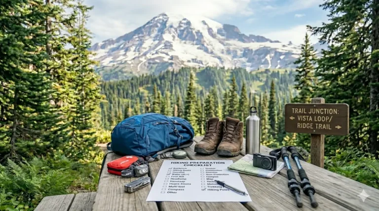 Printed hiking checklist with hiking gear laid out on a table ready to pack