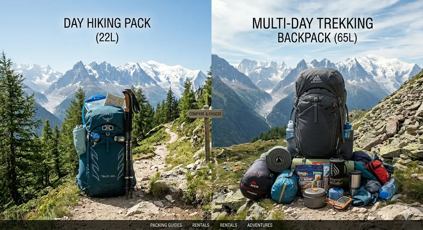 Side-by-side comparison of a hiking day pack and a full trekking backpack with gear