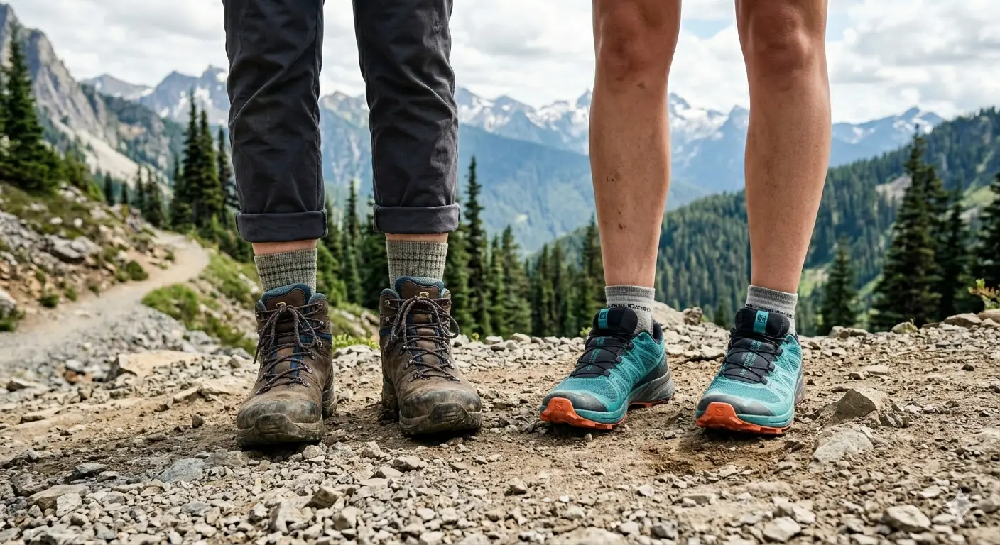 Hiking Shoes vs Trail Running Shoes 4 Side-by-side comparison of a hiking shoe and a trail running shoe on a rocky trail