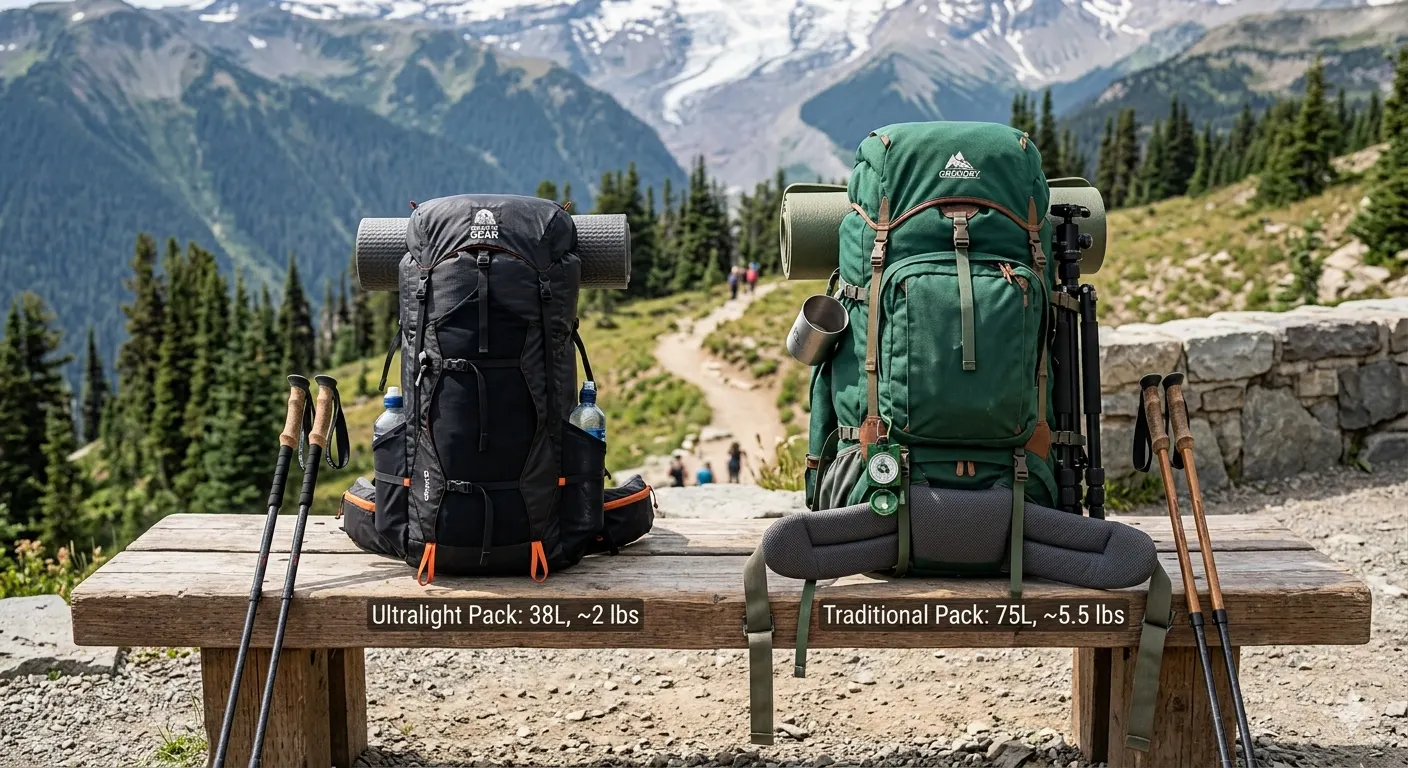 Side-by-side comparison of a lightweight hiking pack and a traditional heavy-duty backpack on a wooden bench outdoors