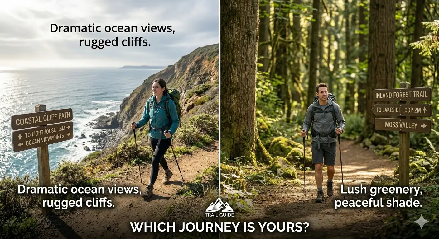 Side by side comparison of coastal cliff path and inland forest trail