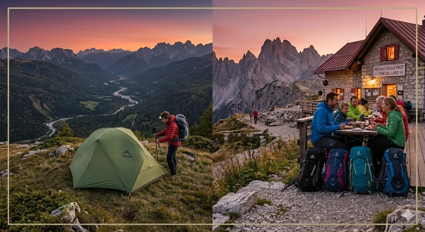 Camping vs Hut Trekking: Which One Is Right for You? 4 Side by side image of a tent in nature and a cozy mountain hut at sunset