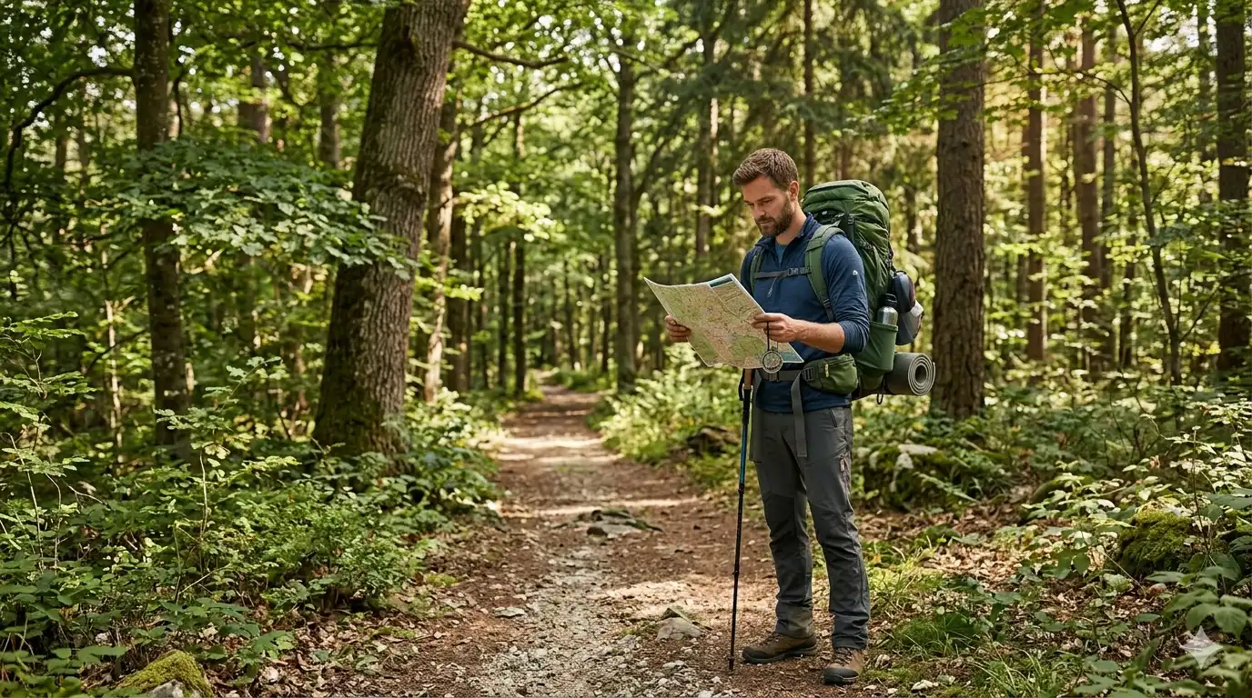 Solo hiker reading a trail map in a forest